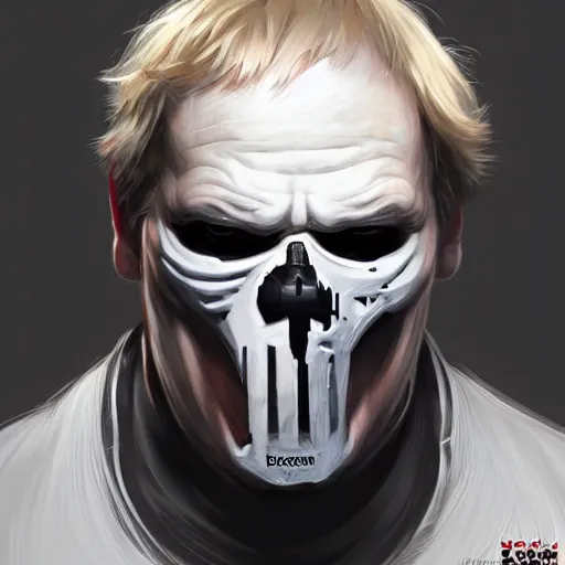 Image similar to Boris Johnson as Punisher, armor plate, realistic portrait, symmetrical, highly detailed, digital painting, artstation, concept art, smooth, sharp focus, illustration, cinematic lighting, art by artgerm and greg rutkowski and alphonse mucha