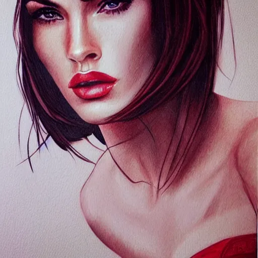 Image similar to “Beautiful Megan Fox Red pencil paintings, only red and white colors, ultra detailed portrait, 4k resolution”