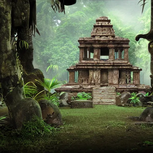 Image similar to The Lost Temple: An ancient temple that has been lost in the jungle for centuries. It's said to be guarded by a vicious tribe of savages. octane render, 8k