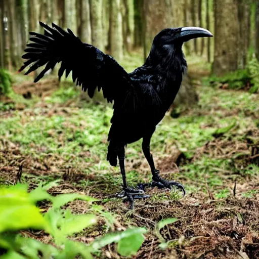 Image similar to ! werecreature that is a mix between human and crow, photograph captured in a forest