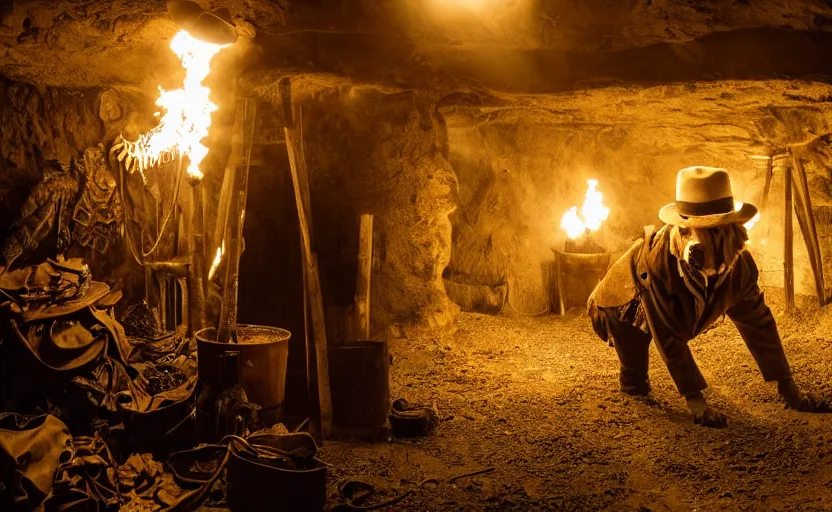 Prompt: a dirty golden retriever in a dark mine wearing a wild west hat and jacket with large piles of gold nuggets nearby, dim moody lighting, wooden supports, wall torches, cinematic style photograph