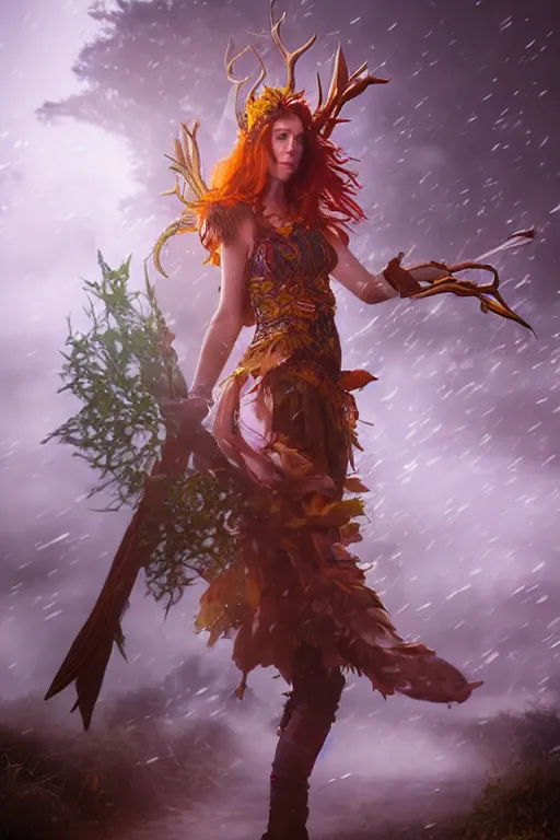 Prompt: Marisha Ray as Keyleth from Vox Machina, Half-elf Druid, realistic cinematic shot, swirling nature magic, subtle fog and mood lighting