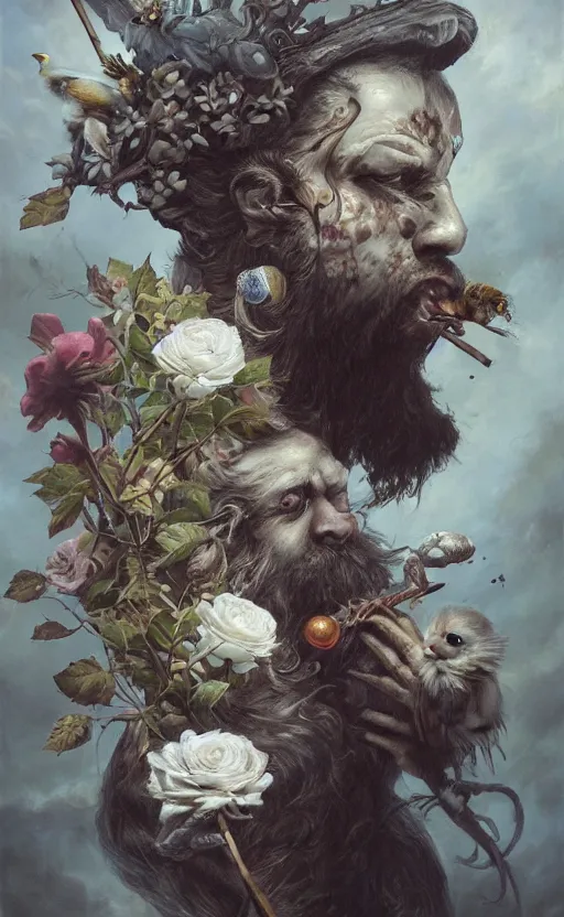 Image similar to a painting of a young bearded man holding a white rose and a stick, jester hat, small dog, a surrealist painting by marco mazzoni, peter mohrbacher, nychos, cgsociety, neo - figurative, detailed painting, rococo, bees, oil on canvas, birds seapunk, biomorphic lovecraftian