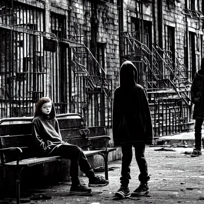 Prompt: sadie sink in hoodie sits on bench in ruined square, pedestrians walk by, steampunk tenement windows in background. storyboard, scifi cyberpunk. by gabriel hardman. cinematic atmosphere, detailed and intricate, perfect anatomy