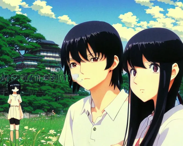 Prompt: beautiful anime girl with long black hair and bangs, beautiful anime guy with short black hair, wearing black clothes, siblings, fine details portrait, japense village in background, bokeh. anime masterpiece by Studio Ghibli. illustration, sharp high-quality anime illustration in style of Ghibli, Ilya Kuvshinov, Artgerm