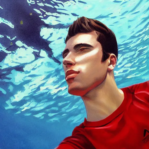 Prompt: painting of an underwater selfie from a brown haired male lifeguard. Kuvshinov ilya. Richard Brooks.