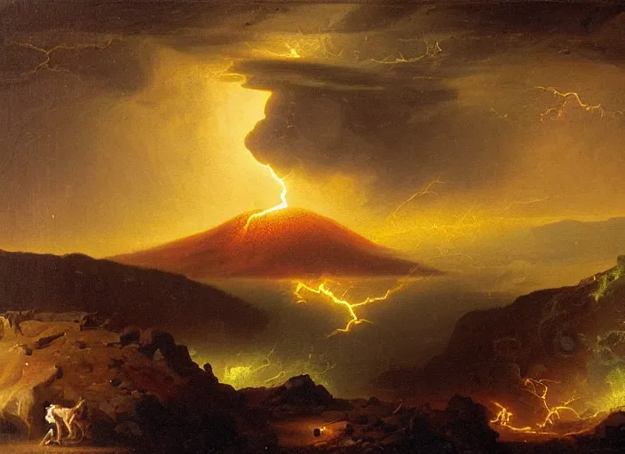 Image similar to earth during the cretaceous – paleogene extinction event, just as the asteroid is colliding with earth, thunderstorms and hellfire, in the style of hudson river school of art, oil on canvas