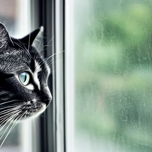 Image similar to A beautiful photograph of a cat looking out the window on a rainy day.