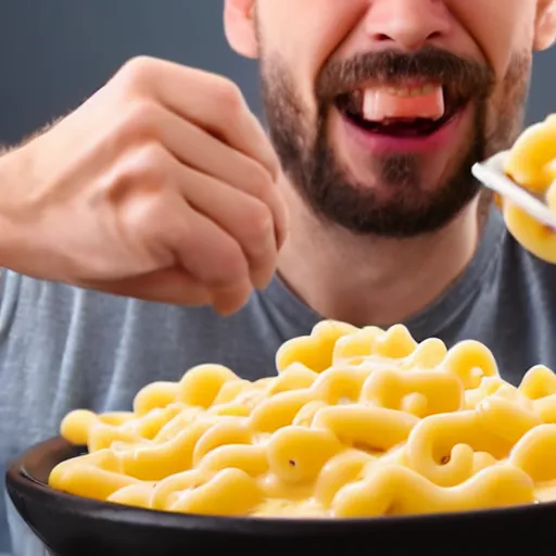 Image similar to a stream of mac n' cheese flowing out of a man's mouth into a huge bowl. His eyes are red from crying. photograph.