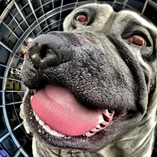 Prompt: fisheye lens photo of the world's ugliest dog