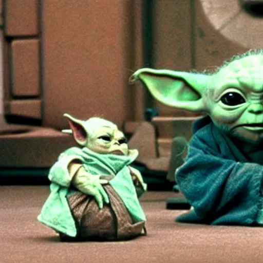 Image similar to baby yoda and yoda from empire strikes back playing with toys