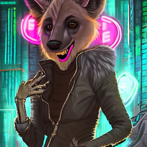 Image similar to digital painting of anthromorphic hyena female smoking cigarrete, fursona, furry fandom, furaffinity, neon rainy cyberpunk setting, anthro, wearing cyberpunk leather jacket, detailed face, blade runner, zootopia style,