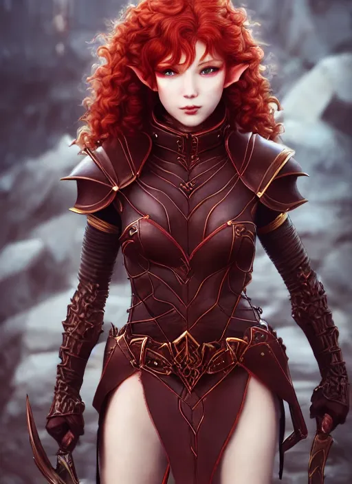 Image similar to leather armor!!! beautiful and elegant curly red hair female elf!! gorgeous ayes!! character concept art, sharp focus, octane render! unreal engine 5! highly rendered!! trending on artstation!! detailed linework!! illustration by artgerm, wlop, and chie yoshii