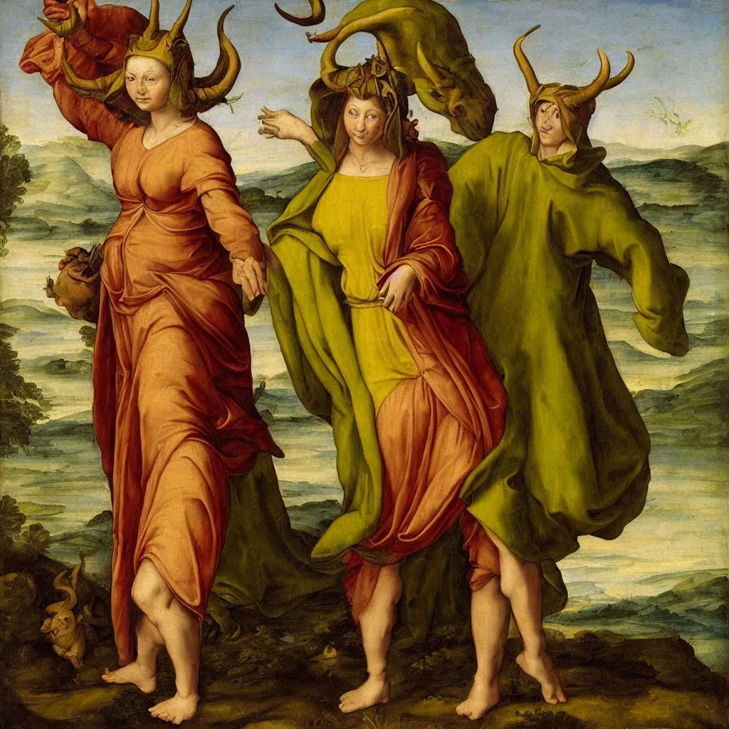 Prompt: renaissance painting of a woman in a yellow cloak and horns, standing next to a green-horned goblin