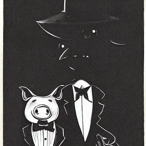 Prompt: a gentleman pig in a tuxedo, creepy, chiaroscuro, dark night, illustration by Edward Gorey