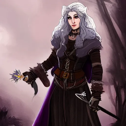 Image similar to yennefer from the netflix witcher as a medieval fantasy tolkien elf, dark purplish hair tucked behind ears, wearing a fur lined collar, wide face, muscular build, scar across the nose, cinematic, character art, 8 k detailed.