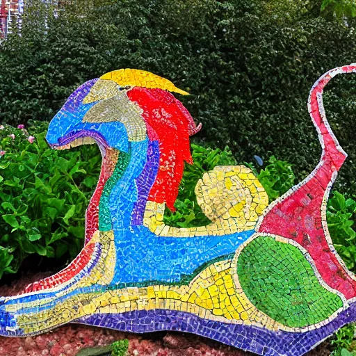 Image similar to garden containing very colorful textured variegated mosaic sculpture of a chimera, in the style of folk art