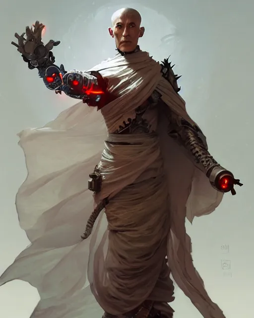 Image similar to a cyborg warrior monk wearing a flowing cloak, cyborg hardware, 3 d render, octane, zbrush, painting, artstation, concept art, smooth, sharp focus, illustration, art by artgerm and greg rutkowski and alphonse mucha