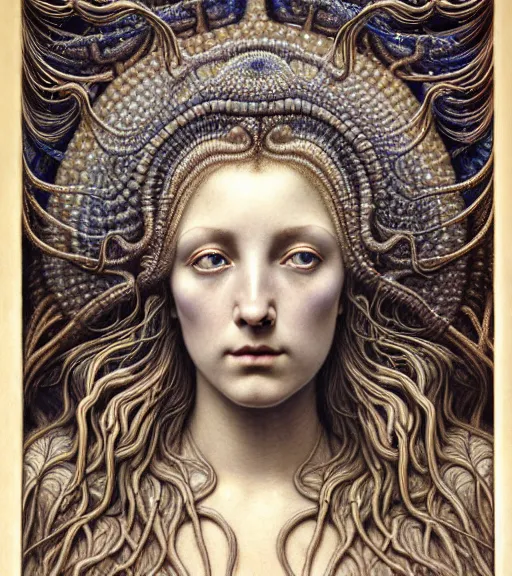 Image similar to detailed realistic beautiful nerite goddess face portrait by jean delville, gustave dore, iris van herpen and marco mazzoni, art forms of nature by ernst haeckel, art nouveau, symbolist, visionary, gothic, neo - gothic, pre - raphaelite, fractal lace, intricate alien botanicals, ai biodiversity, surreality, hyperdetailed ultrasharp octane render