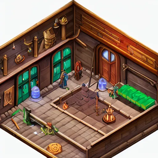 Prompt: isometric, inside of the adventurer's guild in a fantasy world with magic, trending on artstation