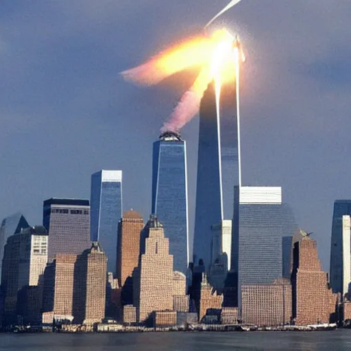 Image similar to UFO crashing into World trade center