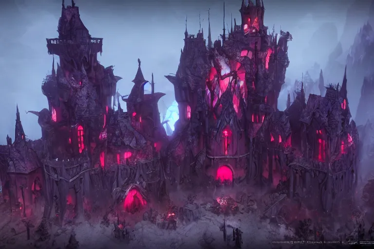 Image similar to big evil fairy castle - city rock dark shadow elves, might and magic heroes 7, dark fantasy, shadows, artstation trending, unreal engine 5, red