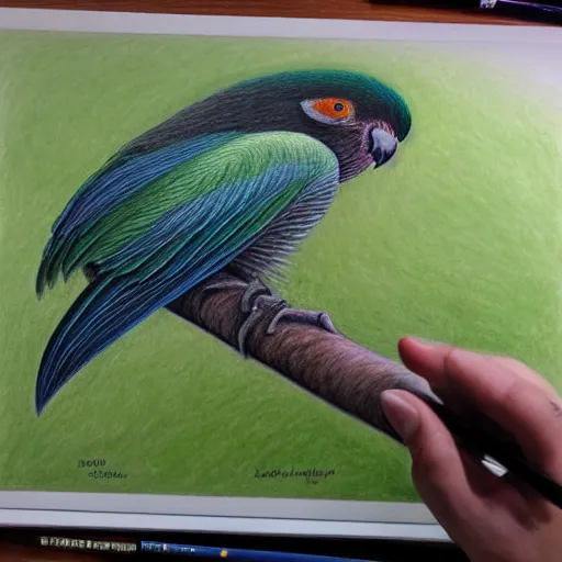 Image similar to a realistic coloured pencil drawing of a quetzal, realistic graphite, highly detailed, artstation, realism, photorealism, fine art, white background