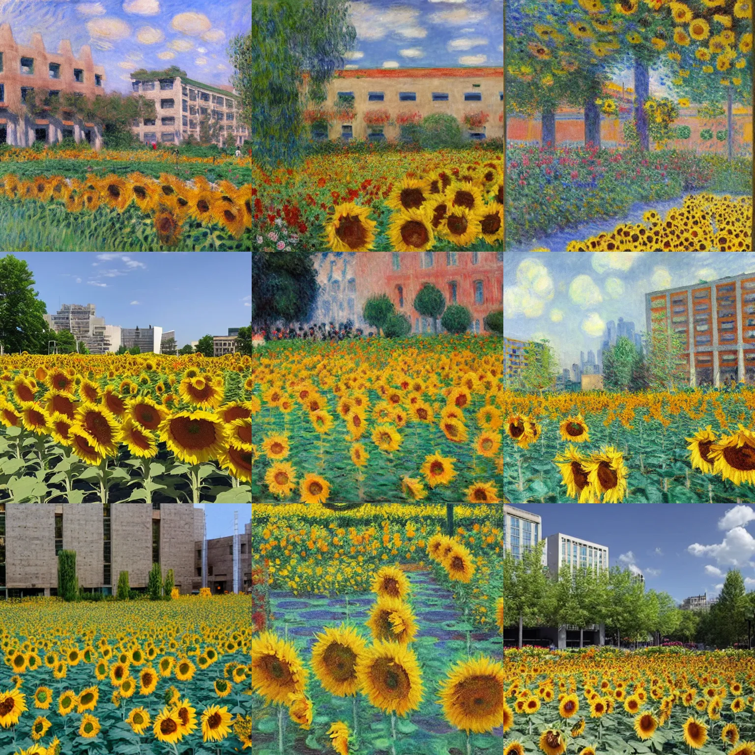 Prompt: a brutalist plaza blooming with sunflowers, monet