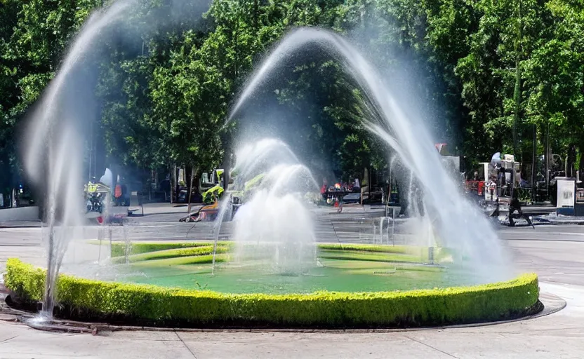 Prompt: a photo of a roundabout with a fountain shooting fire