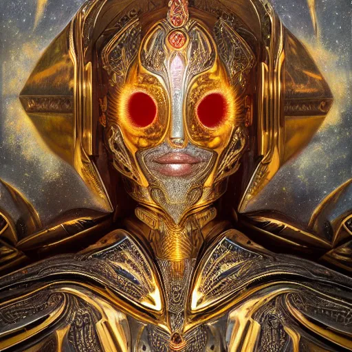 Image similar to a beautiful symmetrical body wearing an armor made of golden ornaments and gems by alex gray and android jones , Karol Bak, Ayami Kojima, Amano , 3D, 8k resolution