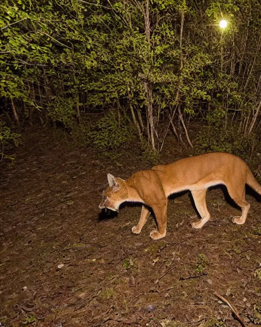 Image similar to cougar in forest at night, night vision goggles, shot from drone, grainy