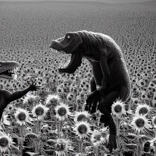 Prompt: Tyrannosaurus rex giving a high five to a caveman in a field of sunflowers, realistic, photograph, monochrome, Ansel Adams, HD