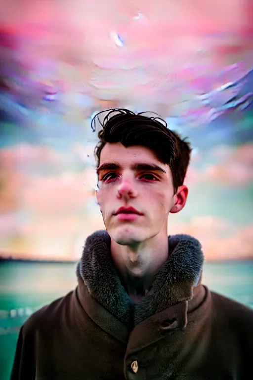 Image similar to high quality pastel coloured film mid angle selfie photograph of a beautiful young 2 0 year old male, soft features, short black hair, standing in an icelandic black rock environment. atmospheric. subsurface scattering. three point light. photographic. art directed. ( pastel colours ). volumetric light. clearcoat. waves glitch. 8 k. filmic.