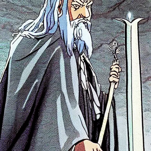 Image similar to gandalf from the anime lord of the rings (1986), holding a wooden staff, studio ghibli, very detailed, realistic