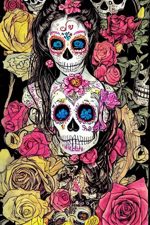 Image similar to Illustration of a sugar skull day of the dead girl, art by m w kaluta