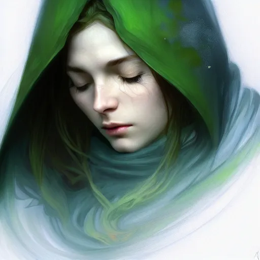 Image similar to wide angle, cloaked woman, white green brown blue color palette, eyes closed, forest, female, d & d, fantasy, intricate, elegant, highly detailed, long red hair, digital painting, artstation, octane render, concept art, matte, sharp focus, illustration, hearthstone, art by artgerm, alphonse mucha johannes voss