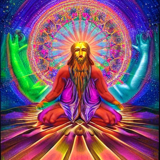 Image similar to god sitting in the center of the multi dimensional latent space conceptualizing our collectively designed divine imaginations, style of visionary art