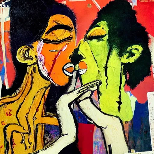 Image similar to beautiful painting of two bizarre psychedelic goth women kissing each other closeup in a cafe in japan, speculative evolution, mixed media collage by basquiat and jackson pollock, magazine collage art, sapphic art, lesbian art
