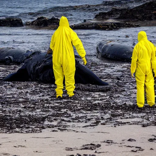 Image similar to Professional Photography, long shot, People in yellow chemical hazmat suits are investigating a huge creepy black creature washed up on the beach.