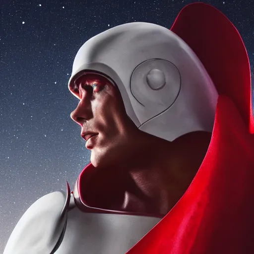 Prompt: portrait of a tall muscular infantry man in glossy sleek white armor with small red details and a long red cape, heroic posture, determined expression, on the surface of mars, night time, dramatic lighting, cinematic, sci-fi, hyperrealistic, movie still