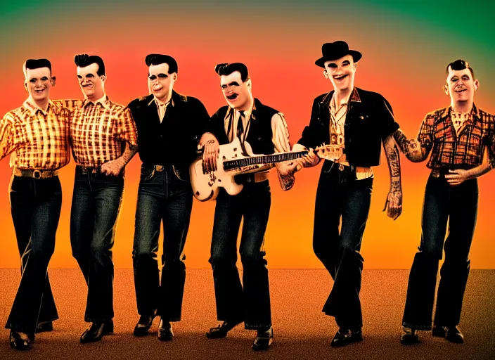 Prompt: rockabilly band 1950s, high detail, golden hour, 8K, by hanna barbera