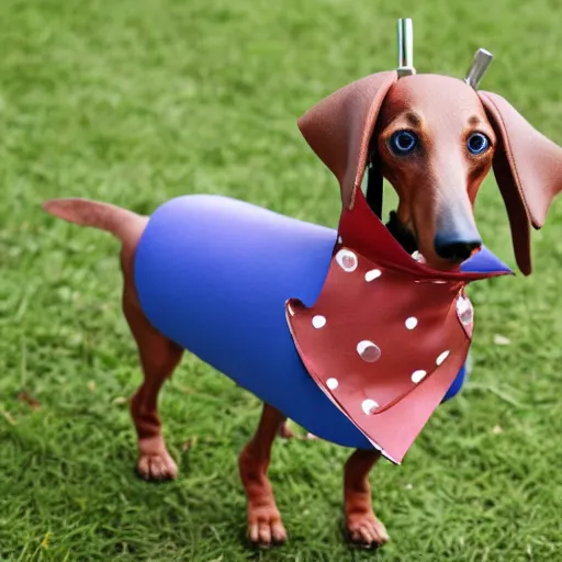 Image similar to Dachshund on stilts wearing a greyhound mask