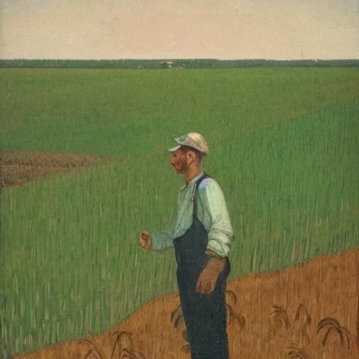 Prompt: farmer in his field, looking out over the crops, worried about the weather, soviet art