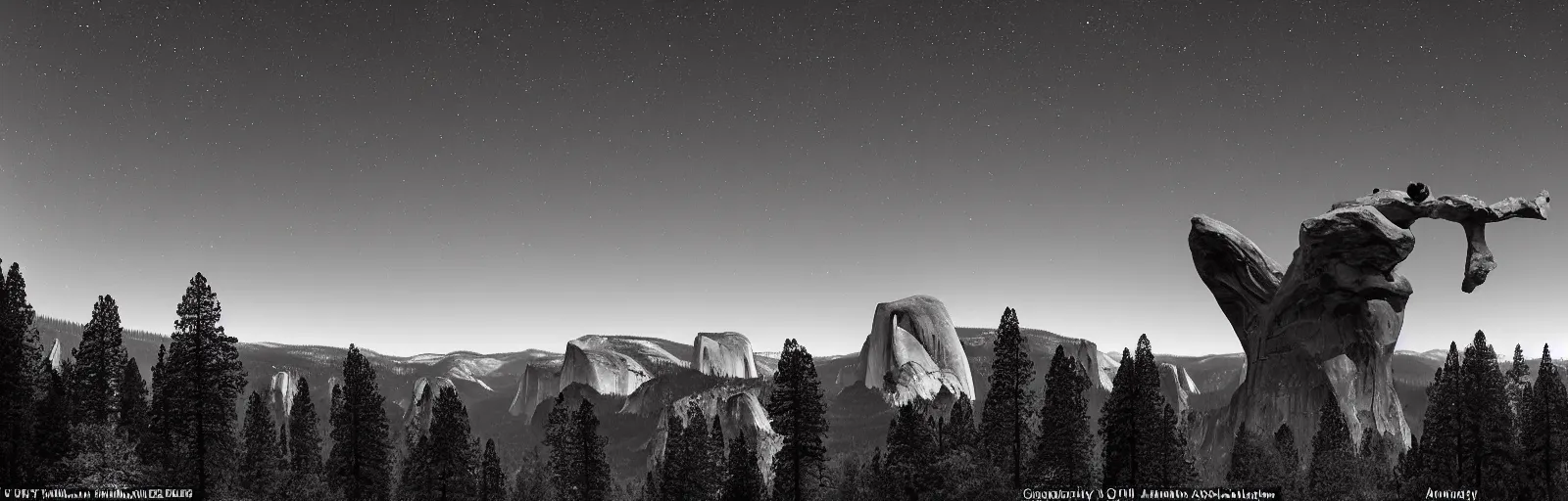 Image similar to to fathom hell or soar angelic, just take a pinch of psychedelic, medium format photograph of two colossal minimalistic necktie sculpture installations by antony gormley and anthony caro in yosemite national park, made from iron, marble, and limestone, granite peaks visible in the background, taken in the night