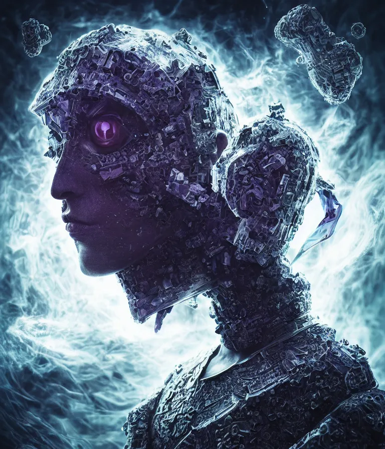 Image similar to impressive ominous front!! shot photo of a court jester character fine portrait fine portrait mesmerizing fractal hyper cubes platinum cracked dark future hyper dimensional space galactic crystal nebula edges elegant detailed intricate concept artstation sharp focus ray tracing cinematic masterpiece temporal corruption beeple wlop germ 8 4 k scifi glossy hyper realistic illustration canon eos r 3 fujifilm x - t 3 0 sony alpha a 6 6 0 0