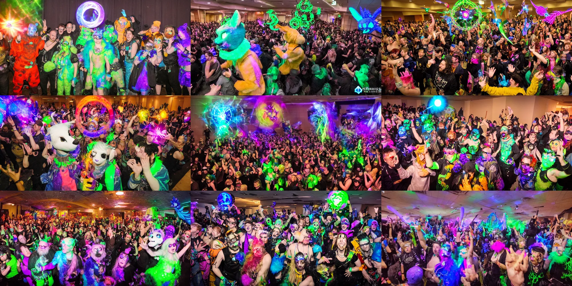 Prompt: Photo taken at Midwest FurFest's yearly fursuiter ritual/rave to keep the Astral Gate closed and hold the World-Eater at bay and so allow a new year to come. Numinous manifestation levels were at record high, resulting in several existential topological defects being breached alongside their concordant cosmological spacetime tearing, but the experienced convention organizers found levels manageable with the ultimate count of quantum over-entanglements and sundering ranging between an occurrence of St. Elmo's fire and a sustained incidence of upper-atmospheric lightning.