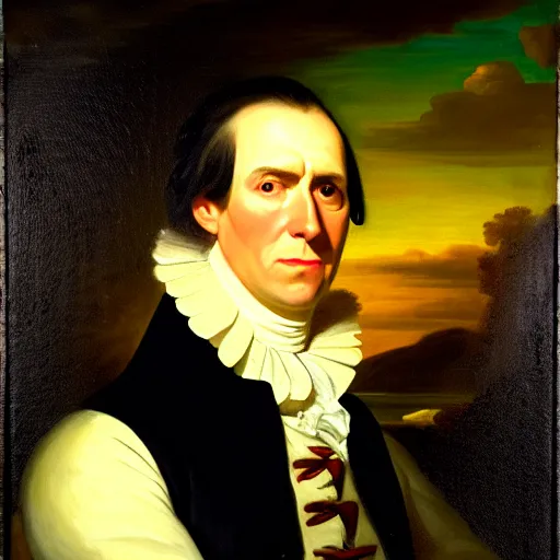 Image similar to head and shoulders portrait painting of a white crocodile wearing a colonial outfit looking off camera, a character portrait, american romanticism, oil on canvas, diffused lighting