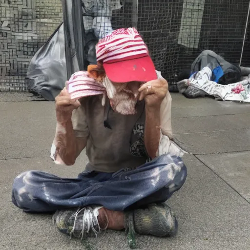 Image similar to homeless Donald Trump in a homeless camp, wearing cheap dirty clothes and maga hat, dirty Donald trump