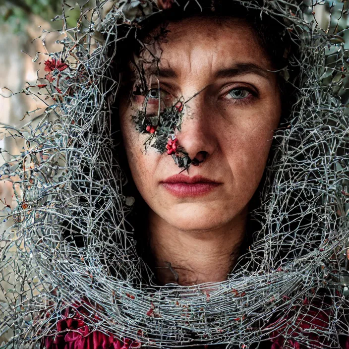 Image similar to a closeup portrait of a woman wearing a hooded cloak made of zinnias and barbed wire, in a derelict house, by Erik Almas, natural light, detailed face, CANON Eos C300, ƒ1.8, 35mm, 8K, medium-format print