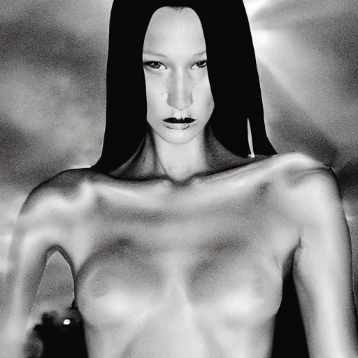 Image similar to bella hadid as maison margiela model on rammstein show. alexander mcqueen best fashion performance. exposure. mysterious. tape photo. processing. lost photo. deep dream effect. award wining photography.. perfect composition. photography masterpiece. ominous valley effect. vfx.